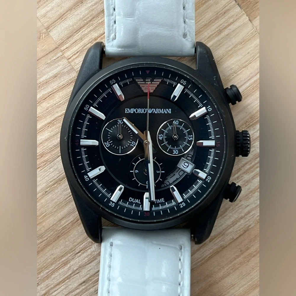 Emporio Armani Chronograph Watch Black Solid Stainless Case White Leather Strap